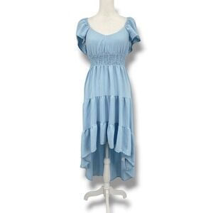 Discreet Blue Midi Dress M Smocked Waist Tiered Cottagecore Fairycore Romantic